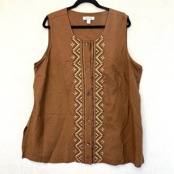 Coldwater Creek Linen Blend Button Up Blouse Top Size 22 Brown Beaded Sleeveless - Picture 1 of 12